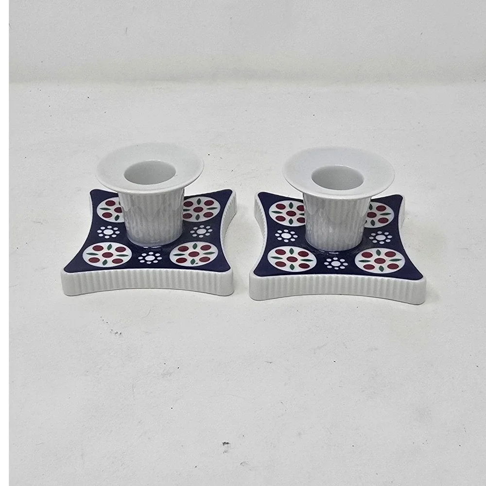 Vtg Schirnding Bavaria MCM German porcelain set of 2 candle holders blue‎ white